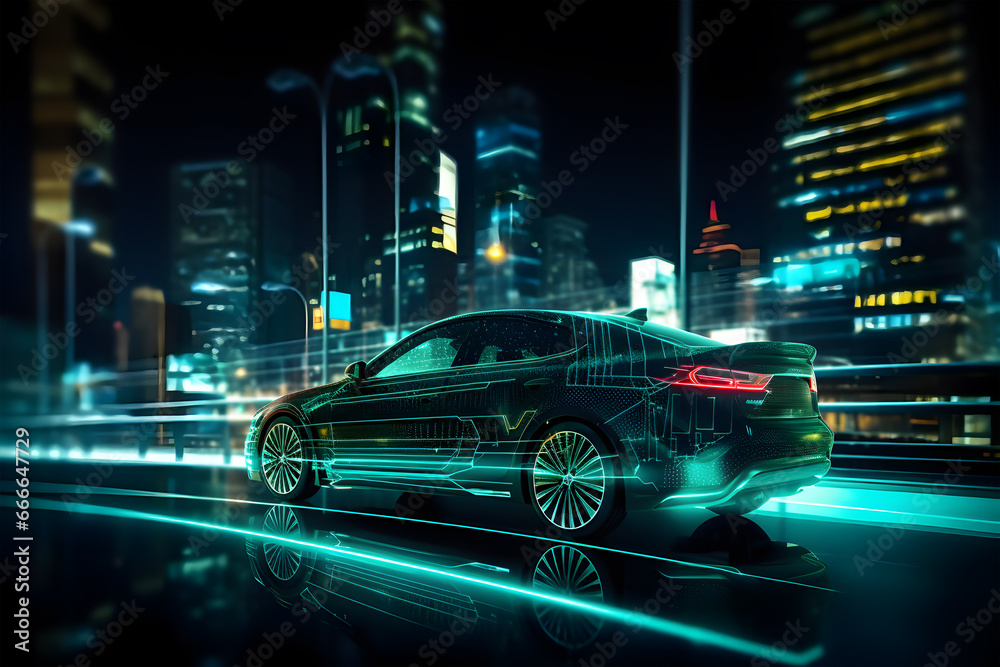 Futuristic car confidently navigating a modern cityscape.Power of Smart Sensors, which seamlessly gather real-time data on temperature, pressure, and various critical variables