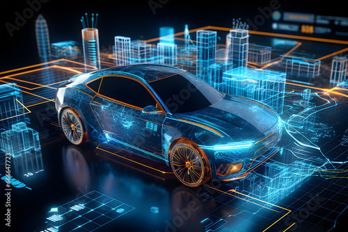 Futuristic car adorned with striking blue lines. symbolizing the integration of Smart Sensors, which collect real-time data on temperature, pressure, and other vital variables