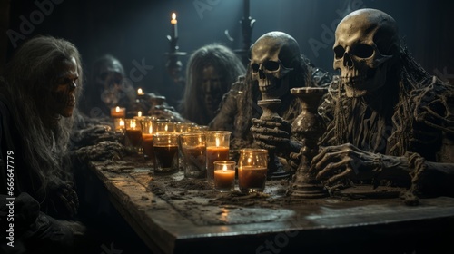 A mysterious gathering of individuals  surrounded by flickering candles and adorned with skulls  invokes a sense of dark allure within the confines of an indoor setting