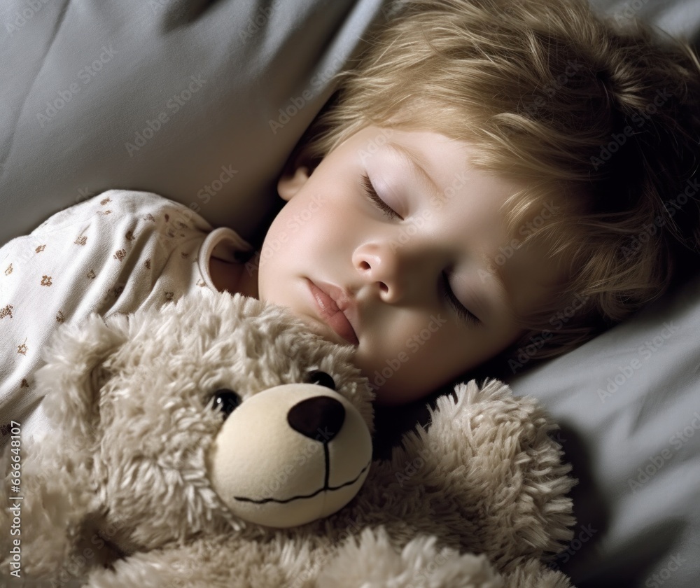 Cozy Sweet Dreams: Young Child Sleeping with Teddy Bear and Pillows on Bed, Sleep Concept Photo Cozy Sweet Dreams: Young Child Sleeping with Teddy Bear and Pillows on Bed, Sleep Concept Photo