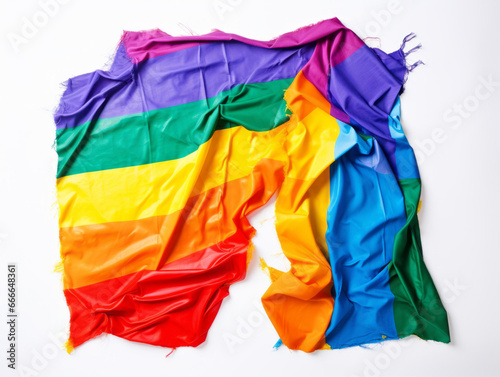 The LGBT flag torn and crumpled. Rainbow flag. LGBTQI  rights and awareness. Struggle for equality. Historic trauma. Gay pride. Difficulties. Equal rights.