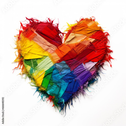 A heart shape. Stripes of the LGBTQI+ flag created with material. Stitched together. Rainbow flag. Craft. Homemade. LGBTQI+ rights and awareness. Gay pride.