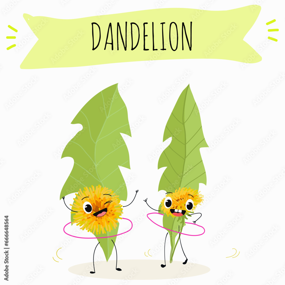 Vector cartoon character dandelion, funny character, medicinal plant, cooking. Vector cartoon character dandelion, funny character, medicinal plant, cooking.