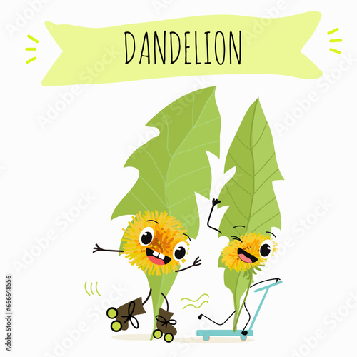 Vector cartoon character dandelion  funny character  medicinal plant  cooking.