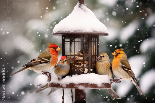 Birds gathered around a snowy birdfeeder.