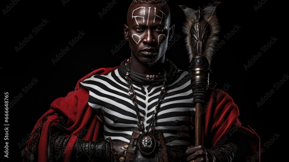 a horizontal format of a Maasai warrior in tribal costume in Lifestyle-themed, photorealistic illustrations in JPG.  Generative ai