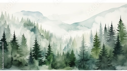 Watercolor foggy coniferous forest photo
