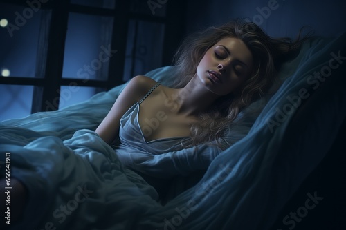 Beautiful woman sleeping at night in bed