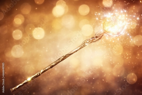 Sparkling magic wizard wand on golden background photo