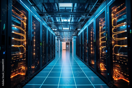 Inside datacenter in the future. Dark server room