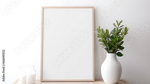 Fresh Minimalism: White Background with Green Plants and Blank Picture Frame Design Template