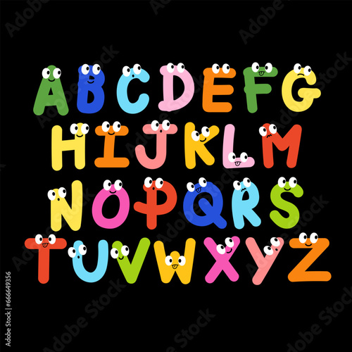 Cute A to Z alphabet design for font, typography, happy emoji, cartoon character, comic, emotion icon, expression set, fabric print, sticker, initials, calligraphy, cute patches, learning materials