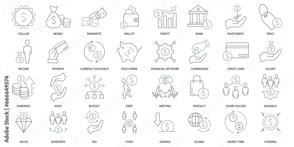 Dollar icons set. Set of editable stroke icons.Vector set of Dollar - obrazy, fototapety, plakaty 