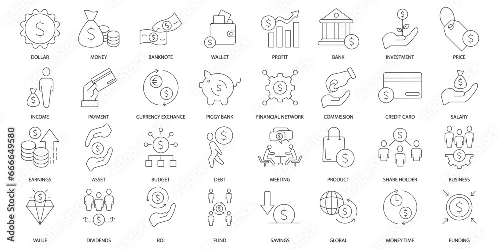 Dollar icons set. Set of editable stroke icons.Vector set of Dollar Dollar icons set. Set of editable stroke icons.Vector set of Dollar