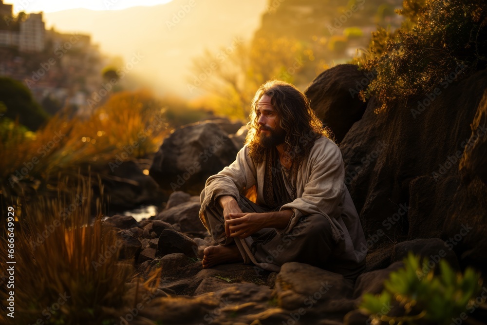 Jesus in a serene moment of silent contemplation in the wilderness surrounding Nazareth, portraying a sense of spiritual connection and introspection. Generative Ai