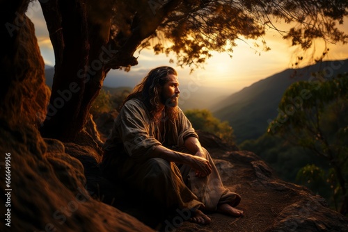 Jesus in a serene moment of silent contemplation in the wilderness surrounding Nazareth, portraying a sense of spiritual connection and introspection. Generative Ai photo