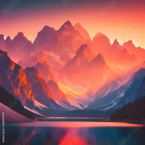 Sunset over a mountain lake
