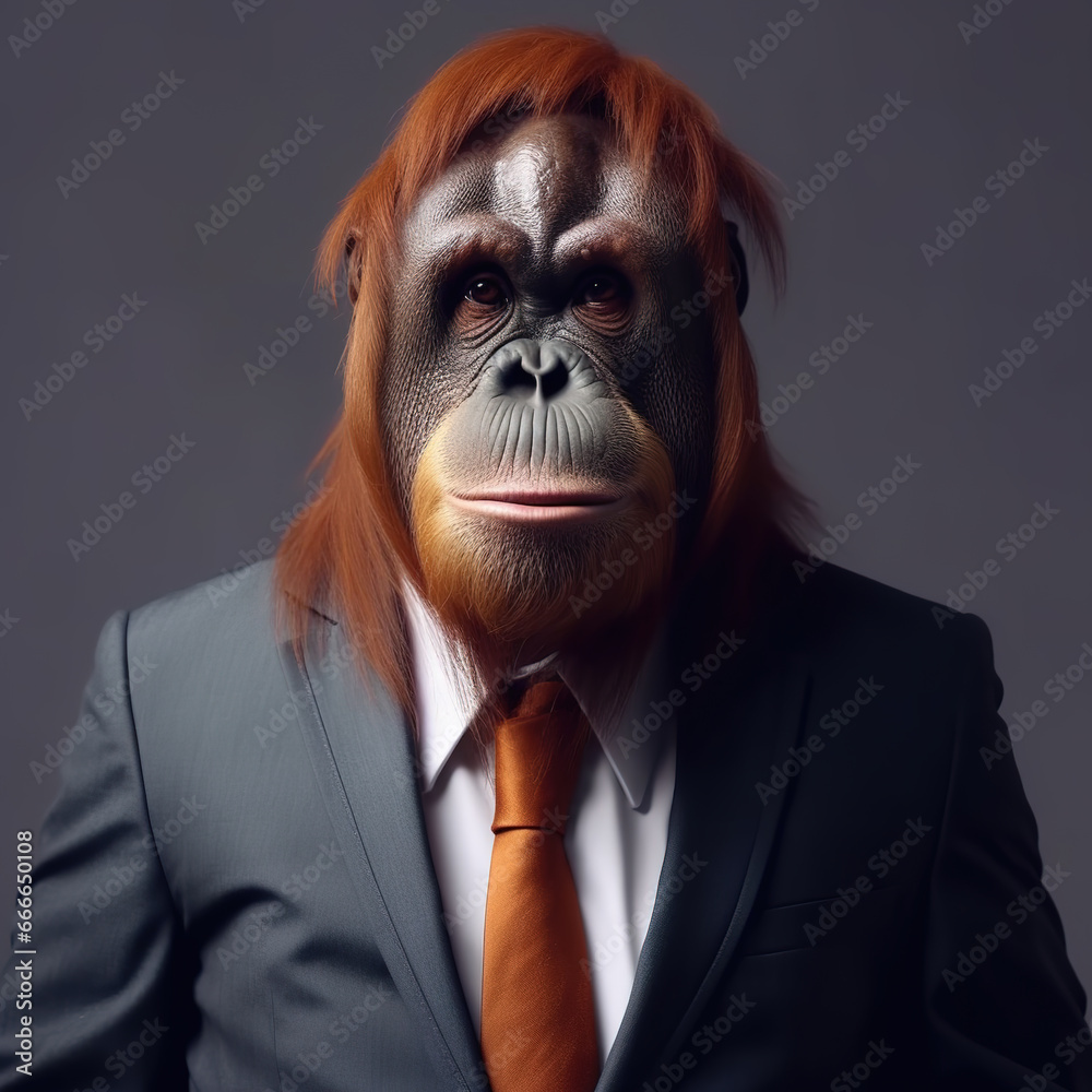 Image of a tapanuli orangutan businessman wearing a suit on clean background. Wildlife Animals. Illustration, generative AI. Image of a tapanuli orangutan businessman wearing a suit on clean background. Wildlife Animals. Illustration, generative AI.