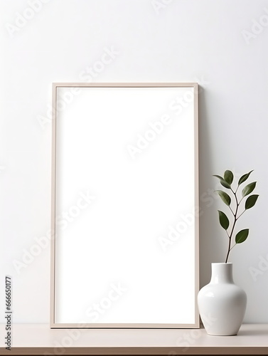 Fresh Minimalism: White Background with Green Plants and Blank Picture Frame Design Template