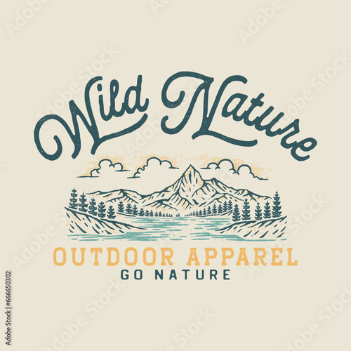 lake illustration mountain graphic forest design nature badge river vintage t shirt landscape