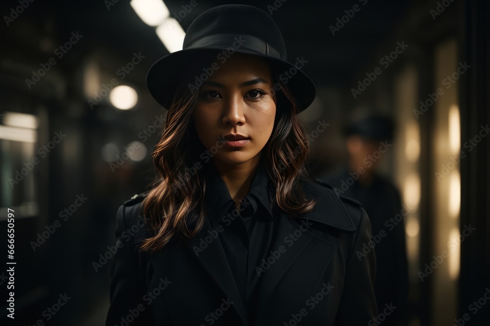 Close-up portrait of a beautiful Asian brunette spy woman wearing a black coat and hat on a dark street