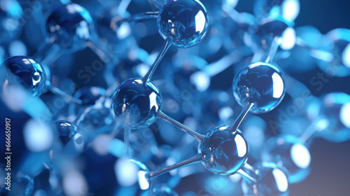 Abstract of Hyaluronic acid molecules. Hydrated chemicals, molecular structure and blue spherical molecule.