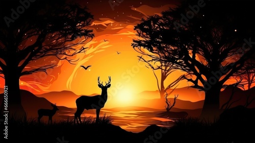 Sunset and wild animal silhouette