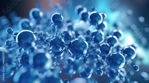 Abstract of Hyaluronic acid molecules. Hydrated chemicals, molecular structure and blue spherical molecule.