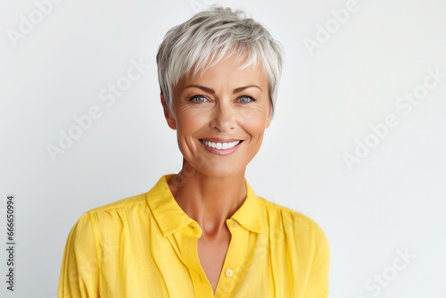 Portrait of beautiful gorgeous 50s mid elderly tanned modern woman with short haircut in yellow blouse on white background