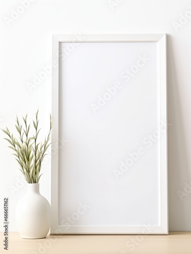 Fresh Minimalism: White Background with Green Plants and Blank Picture Frame Design Template