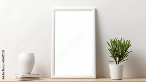 Fresh Minimalism: White Background with Green Plants and Blank Picture Frame Design Template