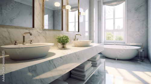Interior design of marble bathroom with sinks and window.