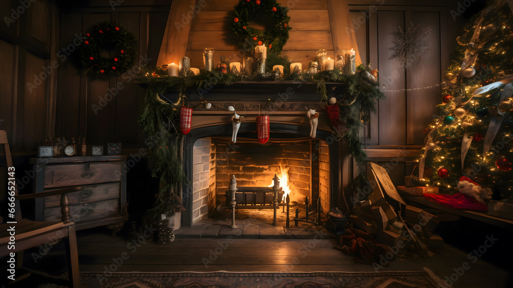 Beautiful decorated fireplace and Christmas tree at cottage high resolution