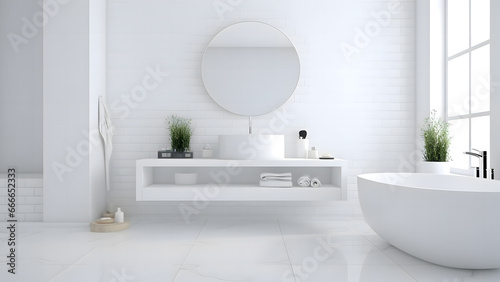 White bathroom blured interior with white table