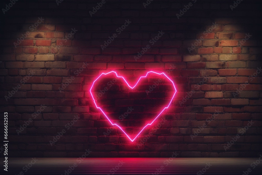 Glowing heart rate neon sign on a dark brick wall background. Generative AI