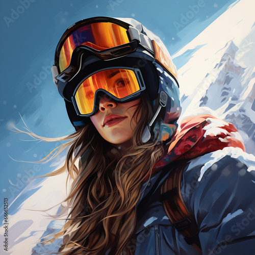 Woman equipped for snowboarding.