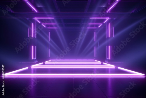 Purple neon rectangle emitting retro lasers in a cyber background with an empty stage, showcase, and construction. Garage nightclub ambiance with smoke fog and glowing spotlights. 3D. Generative AI