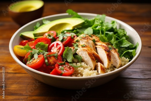 Fresh and vibrant combination of quinoa, tomatoes, chicken, avocado, lime, mixed greens, lettuce, and parsley. Nourishing and delicious lunch option. Generative AI