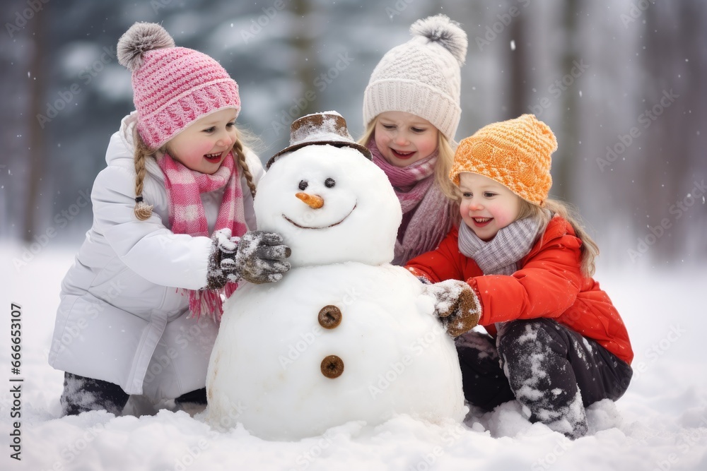 Playful children building a snowman.