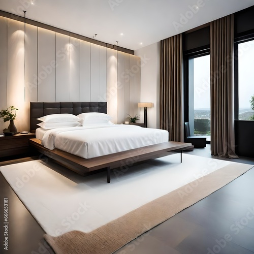 interior of bedroom with bed  A minimal contemporary style bedroom  with clean lines  neutral colors  and a sense of simplicity
