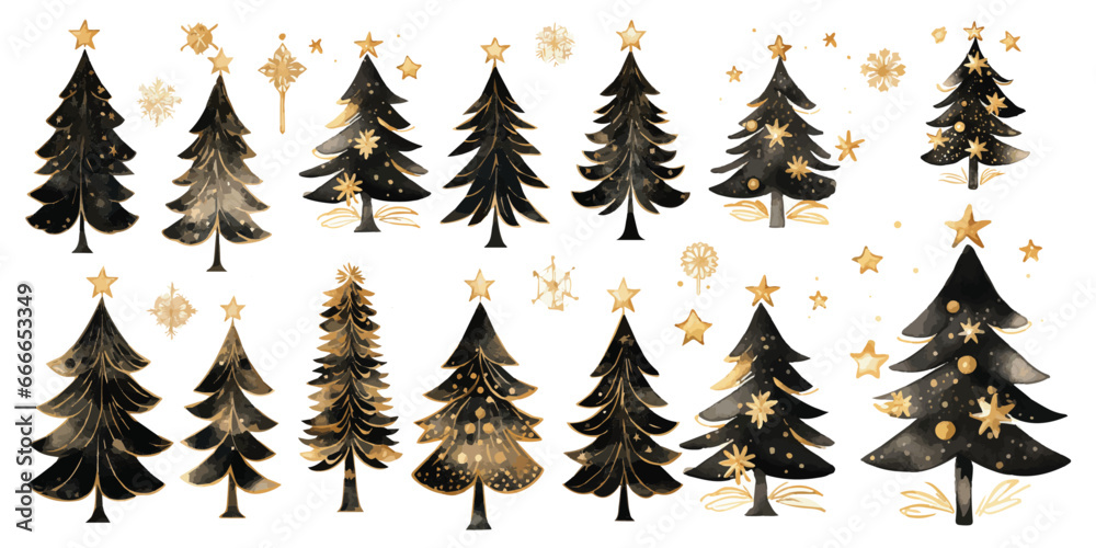 Set of Christmas trees black and gold watercolor vectors