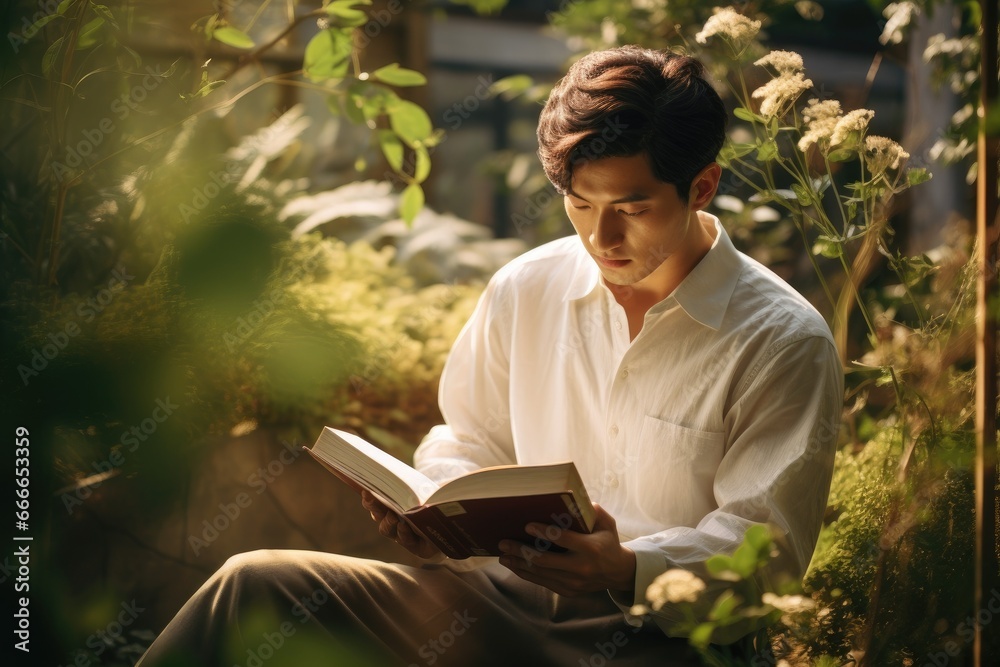 Young Asian man enjoying a book in a serene garden. Young Asian man enjoying a book in a serene garden.