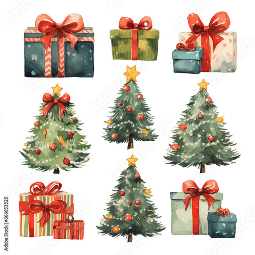 Cute isolated christmas trees and gift box icon vector design set