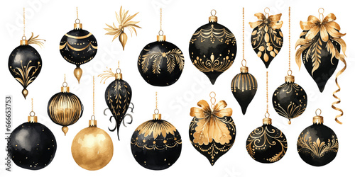 black and gold christmas ornaments watercolor vectors