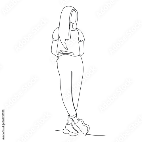 A line art illustration of a standing girl. Continuous line drawing of a woman posing full body.