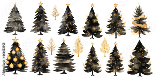 set of christmas trees black and gold watercolor vectors
