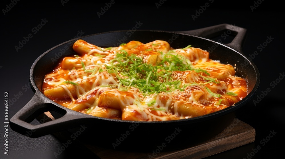 Cheesy Tokbokki, a traditional Korean dish, is presented on a blackboard background, creating a visually appealing and mouthwatering lunch dish Cheesy Tokbokki, a traditional Korean dish, is presented on a blackboard background, creating a visually appealing and mouthwatering lunch dish