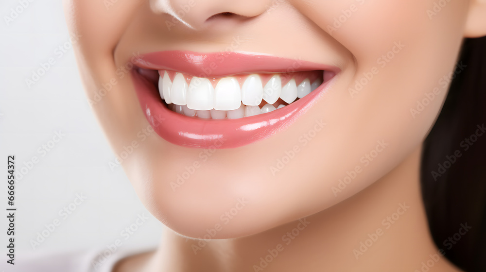 Fototapeta premium Portrait has a woman smiling with beautiful white teeth showing half of her face, taking care of her teeth.