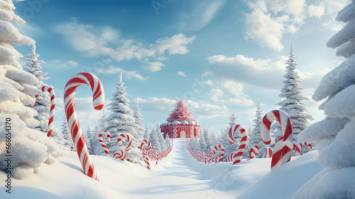 Santa Claus snowmobiling through a forest of giant candy canes and gumdrop trees
