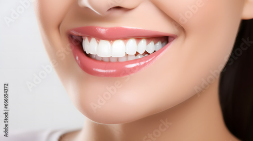 Portrait has a woman smiling with beautiful white teeth showing half of her face  taking care of her teeth.
